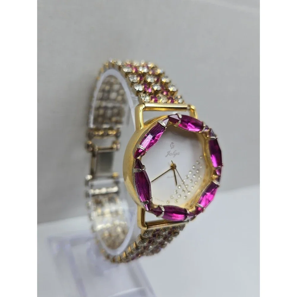Jalga Womens Pink Crystals Rhinestones Dress Watch Gold Bracelet New Battery